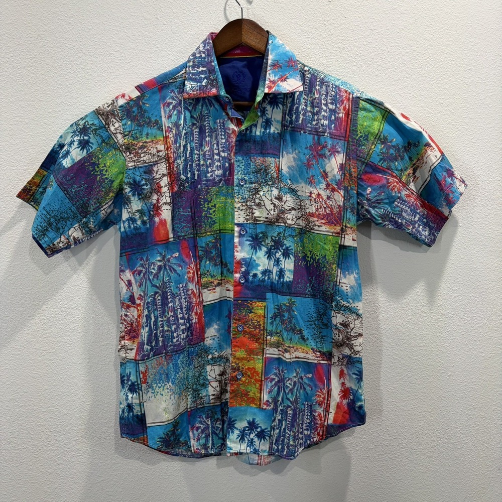 Bugatchi Uomo Shirt Mens L Tropical Palm Floral Short Sleeve Button Front